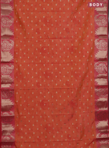 Semi raw silk saree dual shade of orange and peach pink with allover kalamkari prints & 1000 zari buttas and zari woven border