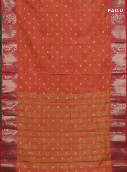 Semi raw silk saree dual shade of orange and peach pink with allover kalamkari prints & 1000 zari buttas and zari woven border