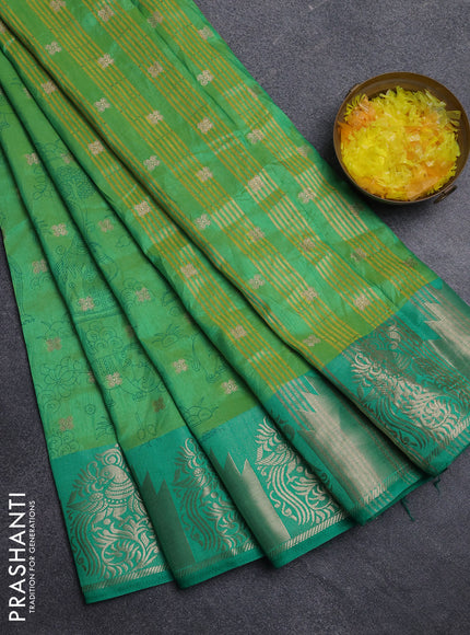 Semi raw silk saree dual shade of teal green and teal green with allover kalamkari prints & 1000 zari buttas and zari woven border