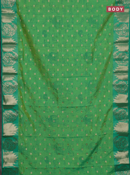 Semi raw silk saree dual shade of teal green and teal green with allover kalamkari prints & 1000 zari buttas and zari woven border