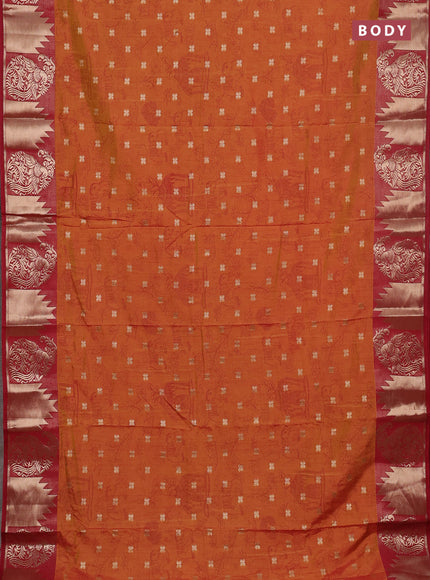 Semi raw silk saree dual shade of dark mustard and maroon with allover kalamkari prints & 1000 zari buttas and zari woven border