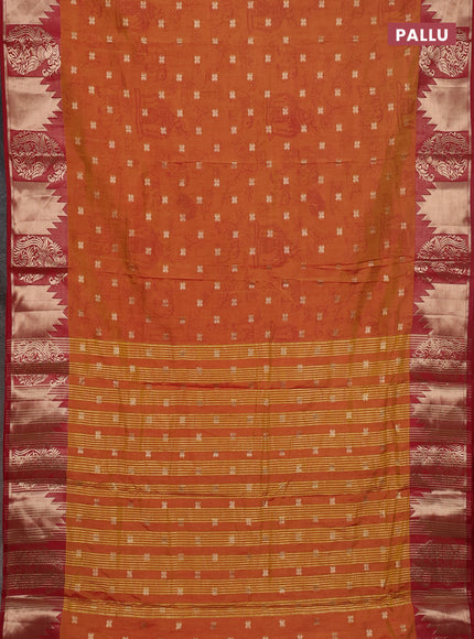 Semi raw silk saree dual shade of dark mustard and maroon with allover kalamkari prints & 1000 zari buttas and zari woven border