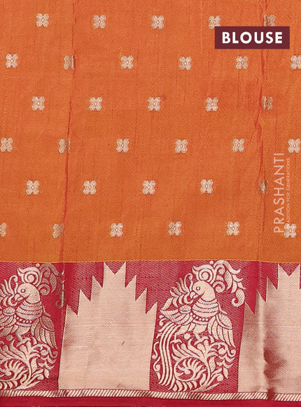 Semi raw silk saree dual shade of dark mustard and maroon with allover kalamkari prints & 1000 zari buttas and zari woven border