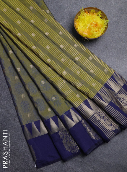 Semi raw silk saree dual shade of mehendi green and navy blue with allover floral butta prints & 1000 zari buttas and temple design zari woven butta border