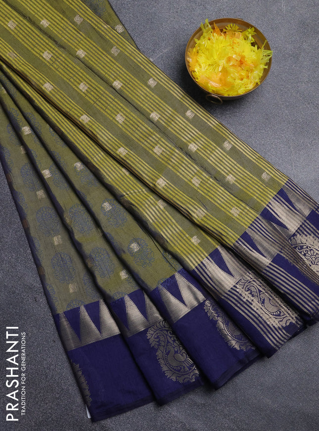 Semi raw silk saree dual shade of mehendi green and navy blue with allover floral butta prints & 1000 zari buttas and temple design zari woven butta border