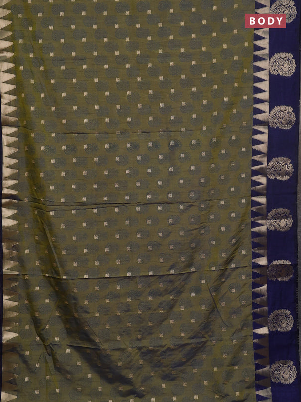 Semi raw silk saree dual shade of mehendi green and navy blue with allover floral butta prints & 1000 zari buttas and temple design zari woven butta border