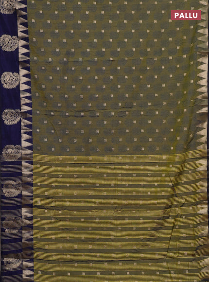 Semi raw silk saree dual shade of mehendi green and navy blue with allover floral butta prints & 1000 zari buttas and temple design zari woven butta border