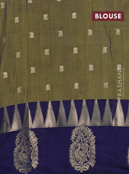 Semi raw silk saree dual shade of mehendi green and navy blue with allover floral butta prints & 1000 zari buttas and temple design zari woven butta border
