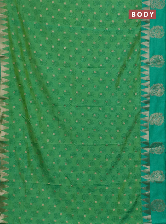 Semi raw silk saree dual shade of light green and teal green with allover floral butta prints & 1000 zari buttas and temple design zari woven butta border