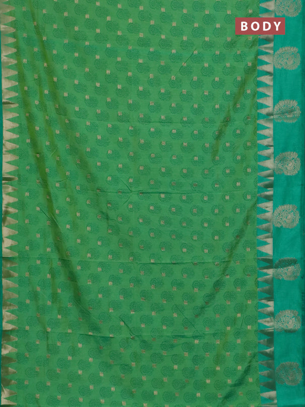 Semi raw silk saree dual shade of light green and teal green with allover floral butta prints & 1000 zari buttas and temple design zari woven butta border