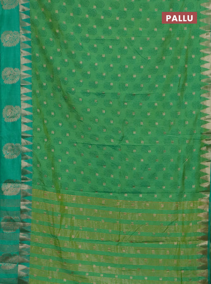 Semi raw silk saree dual shade of light green and teal green with allover floral butta prints & 1000 zari buttas and temple design zari woven butta border