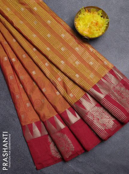 Semi raw silk saree dark mustard and maroon with allover floral butta prints & 1000 zari buttas and temple design zari woven butta border
