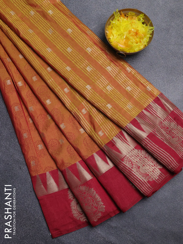 Semi raw silk saree dark mustard and maroon with allover floral butta prints & 1000 zari buttas and temple design zari woven butta border