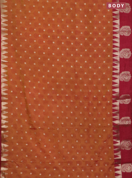 Semi raw silk saree dark mustard and maroon with allover floral butta prints & 1000 zari buttas and temple design zari woven butta border
