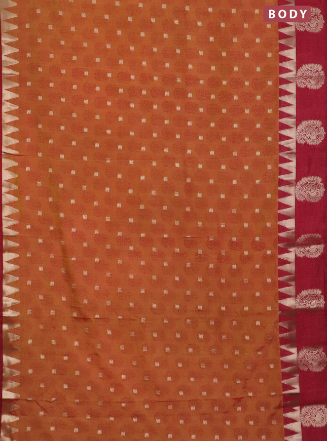 Semi raw silk saree dark mustard and maroon with allover floral butta prints & 1000 zari buttas and temple design zari woven butta border