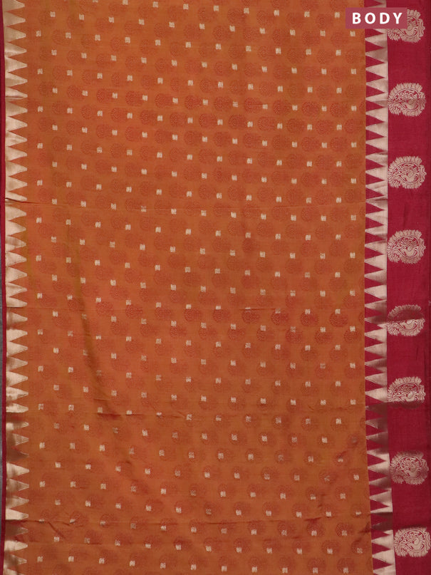 Semi raw silk saree dark mustard and maroon with allover floral butta prints & 1000 zari buttas and temple design zari woven butta border
