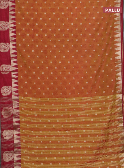 Semi raw silk saree dark mustard and maroon with allover floral butta prints & 1000 zari buttas and temple design zari woven butta border