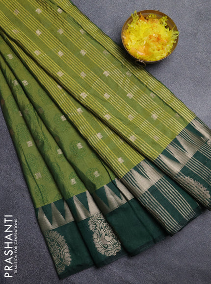 Semi raw silk saree dual shade of light green and green with allover floral butta prints & 1000 zari buttas and temple design zari woven butta border