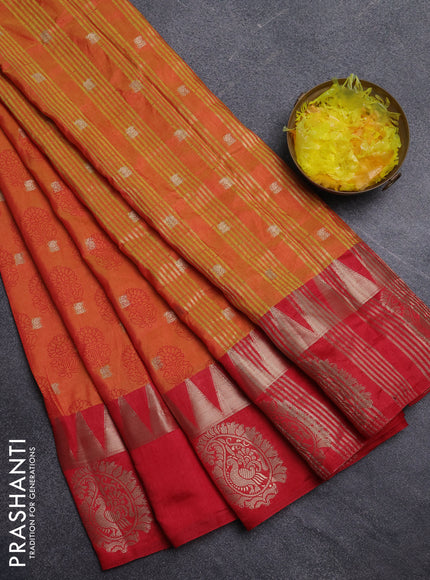 Semi raw silk saree orange and red with allover floral butta prints & 1000 zari buttas and temple design zari woven butta border