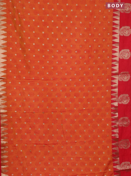 Semi raw silk saree orange and red with allover floral butta prints & 1000 zari buttas and temple design zari woven butta border