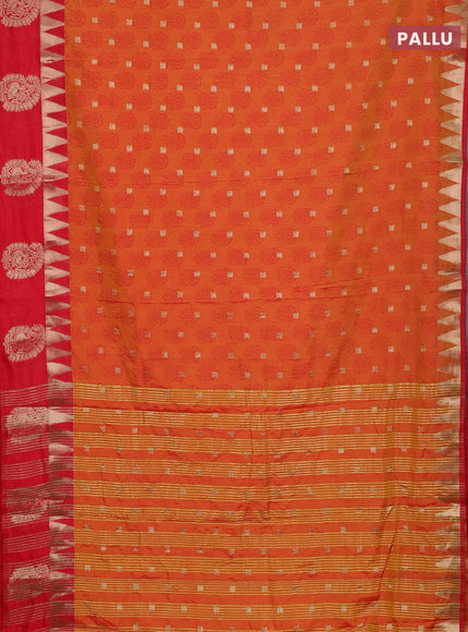 Semi raw silk saree orange and red with allover floral butta prints & 1000 zari buttas and temple design zari woven butta border