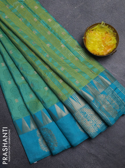 Semi raw silk saree teal green and teal blue with allover floral butta prints & 1000 zari buttas and temple design zari woven butta border