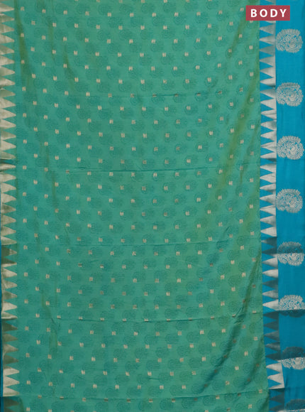 Semi raw silk saree teal green and teal blue with allover floral butta prints & 1000 zari buttas and temple design zari woven butta border