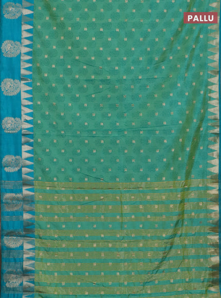 Semi raw silk saree teal green and teal blue with allover floral butta prints & 1000 zari buttas and temple design zari woven butta border