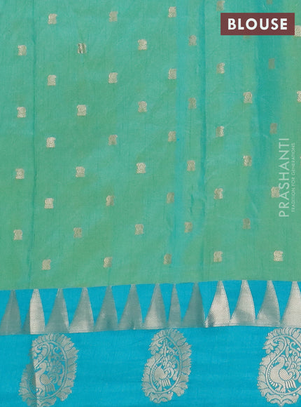 Semi raw silk saree teal green and teal blue with allover floral butta prints & 1000 zari buttas and temple design zari woven butta border