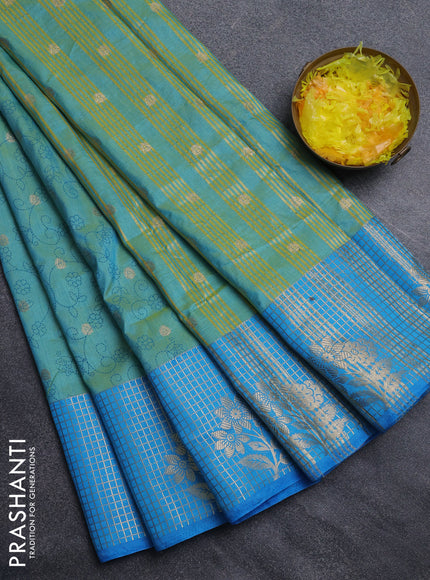 Semi raw silk saree teal shade and cs blue with allover prints & 1000 buttas and zari checked butta border