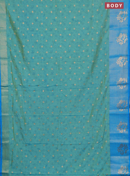 Semi raw silk saree teal shade and cs blue with allover prints & 1000 buttas and zari checked butta border