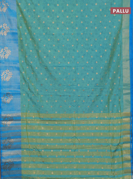 Semi raw silk saree teal shade and cs blue with allover prints & 1000 buttas and zari checked butta border