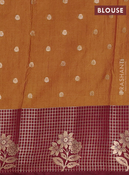 Semi raw silk saree dark mustard and maroon with allover prints & 1000 buttas and zari checked butta border