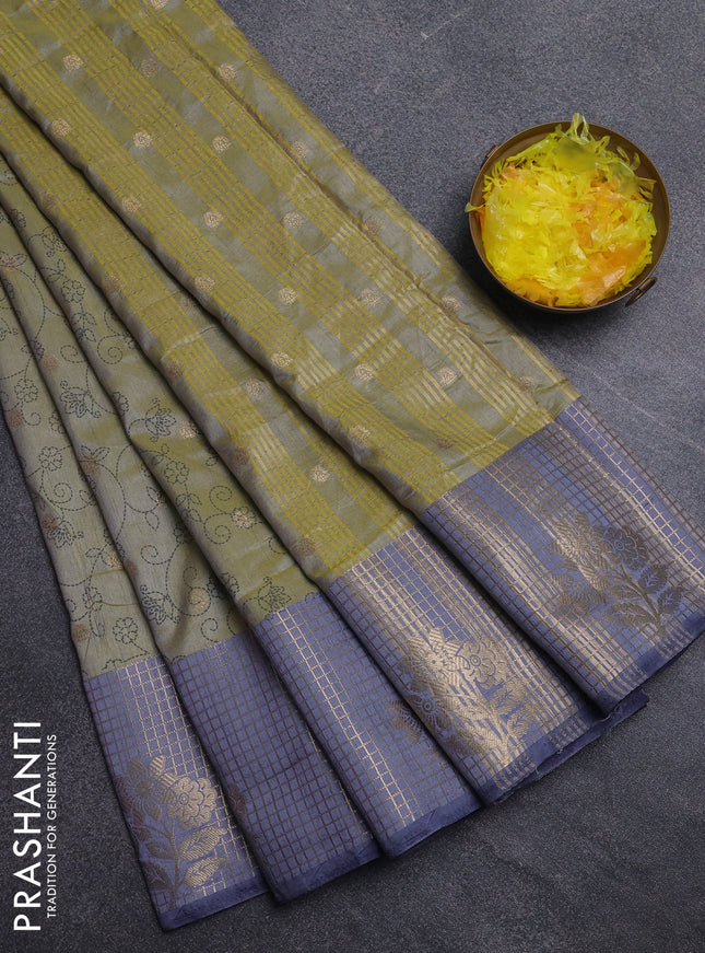 Semi raw silk saree elaichi green and bluish grey with allover prints & 1000 buttas and zari checked butta border