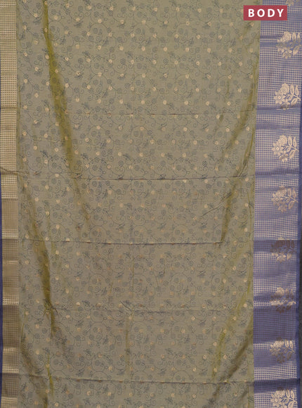 Semi raw silk saree elaichi green and bluish grey with allover prints & 1000 buttas and zari checked butta border