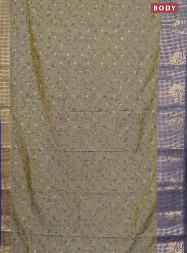 Semi raw silk saree elaichi green and bluish grey with allover prints & 1000 buttas and zari checked butta border
