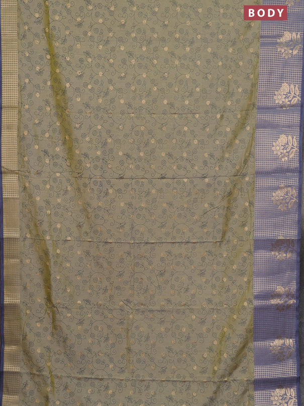 Semi raw silk saree elaichi green and bluish grey with allover prints & 1000 buttas and zari checked butta border