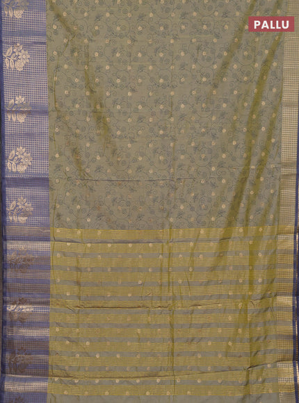 Semi raw silk saree elaichi green and bluish grey with allover prints & 1000 buttas and zari checked butta border