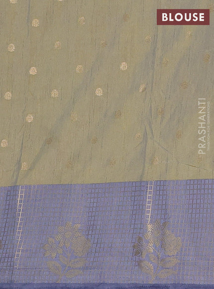 Semi raw silk saree elaichi green and bluish grey with allover prints & 1000 buttas and zari checked butta border