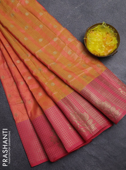 Semi raw silk saree peach orange and peach pink with allover prints & 1000 buttas and zari checked butta border