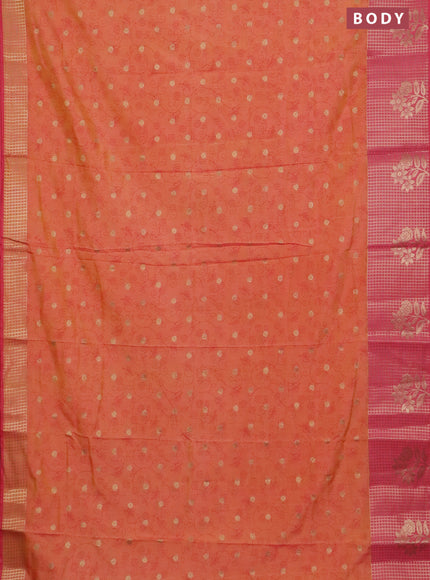 Semi raw silk saree peach orange and peach pink with allover prints & 1000 buttas and zari checked butta border