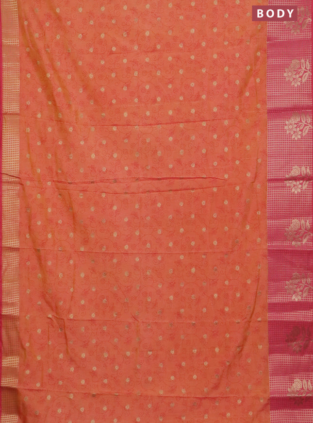 Semi raw silk saree peach orange and peach pink with allover prints & 1000 buttas and zari checked butta border