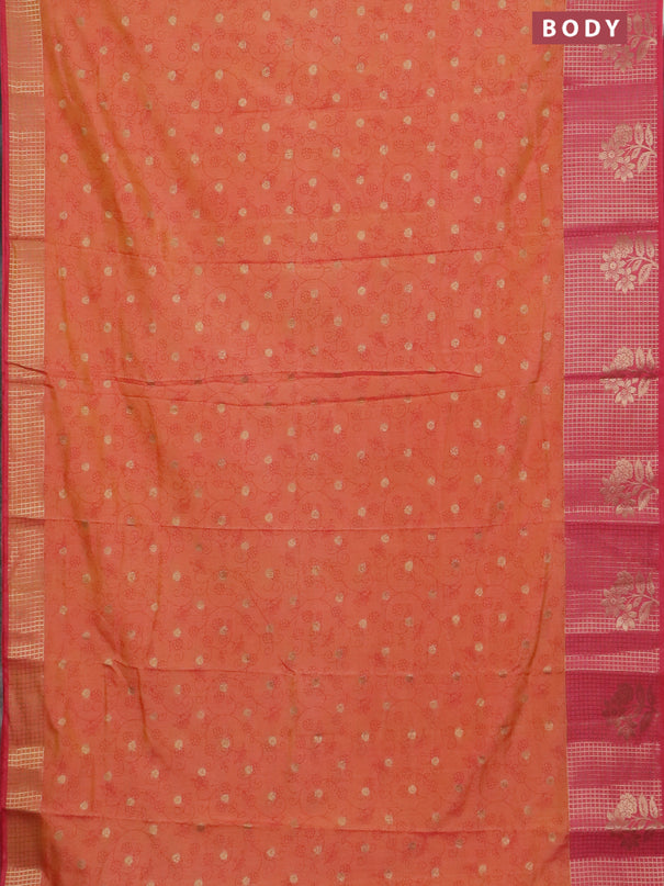 Semi raw silk saree peach orange and peach pink with allover prints & 1000 buttas and zari checked butta border