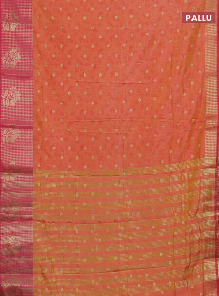 Semi raw silk saree peach orange and peach pink with allover prints & 1000 buttas and zari checked butta border