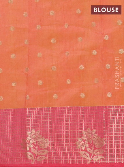 Semi raw silk saree peach orange and peach pink with allover prints & 1000 buttas and zari checked butta border