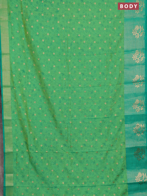 Semi raw silk saree light green and teal green with allover prints & 1000 buttas and zari checked butta border