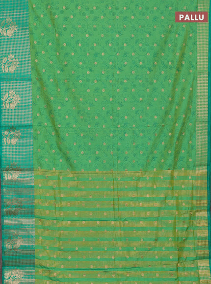 Semi raw silk saree light green and teal green with allover prints & 1000 buttas and zari checked butta border