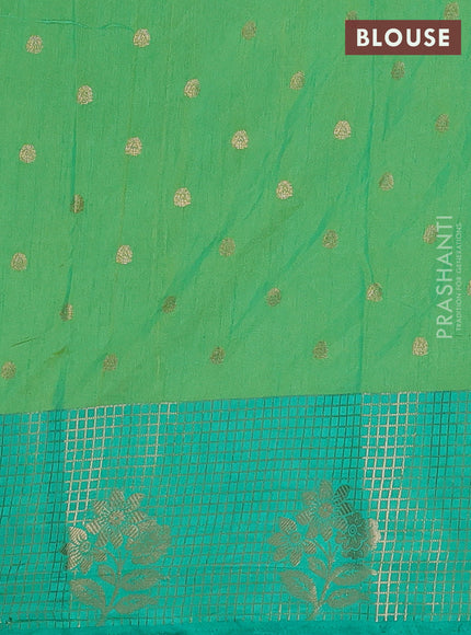 Semi raw silk saree light green and teal green with allover prints & 1000 buttas and zari checked butta border
