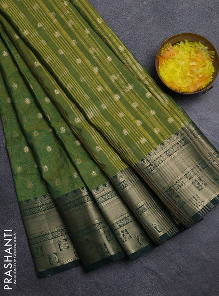 Semi raw silk saree mehendi green and bottle green with allover kalamkari prints & 1000 buttas and zari woven border