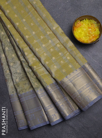 Semi raw silk saree elaichi green and grey with allover kalamkari prints & 1000 buttas and zari woven border